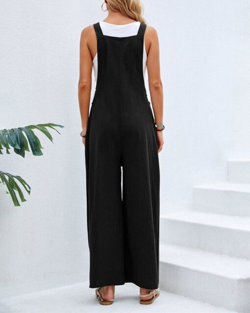 Solid Color Sleeveless Sling Pocket Wide Leg Side Button Plus Size Jumpsuits - Image 7