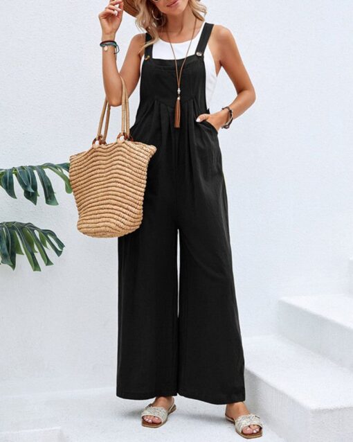 Solid Color Sleeveless Sling Pocket Wide Leg Side Button Plus Size Jumpsuits - Image 8