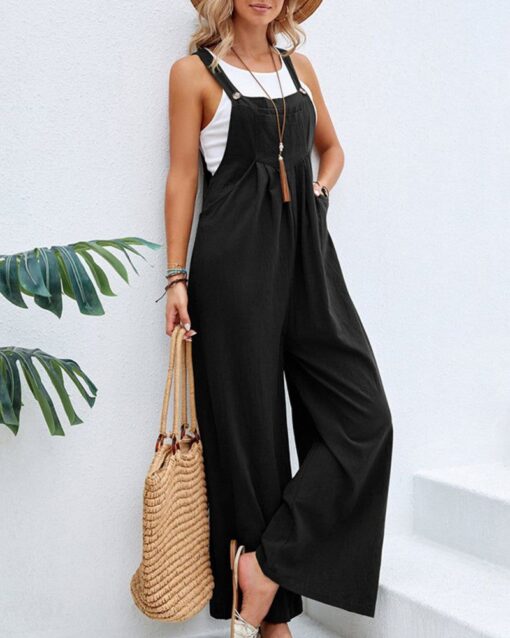 Solid Color Sleeveless Sling Pocket Wide Leg Side Button Plus Size Jumpsuits - Image 6