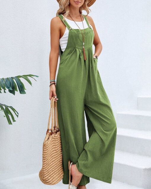 Solid Color Sleeveless Sling Pocket Wide Leg Side Button Plus Size Jumpsuits - Image 16