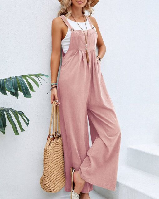 Solid Color Sleeveless Sling Pocket Wide Leg Side Button Plus Size Jumpsuits - Image 18