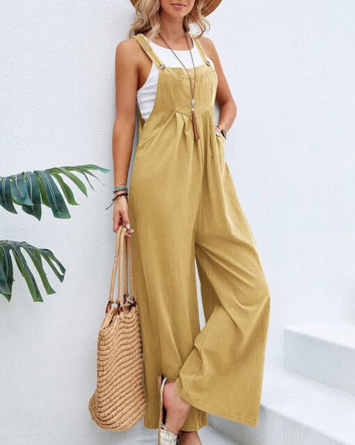 Solid Color Sleeveless Sling Pocket Wide Leg Side Button Plus Size Jumpsuits - Image 10