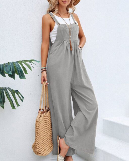 Solid Color Sleeveless Sling Pocket Wide Leg Side Button Plus Size Jumpsuits - Image 14