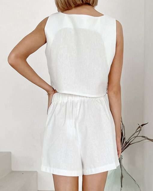 Solid Color Square Collar Sleeveless Cropped Tank Top and Shorts Set - Image 3