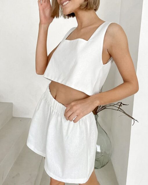 Solid Color Square Collar Sleeveless Cropped Tank Top and Shorts Set - Image 2