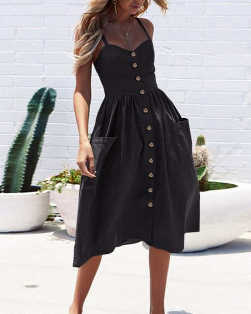 Solid Color Strap Open V-Neck Back Women's Dress with Pockets - Image 13