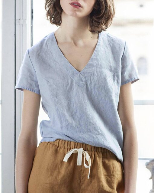 Solid Color V-neck Cotton Linen T-shirt Slim Casual Top - Image 6