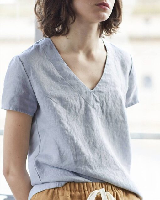 Solid Color V-neck Cotton Linen T-shirt Slim Casual Top - Image 7