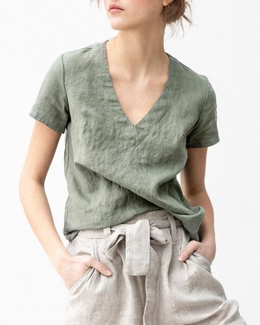 Solid Color V-neck Cotton Linen T-shirt Slim Casual Top - Image 2