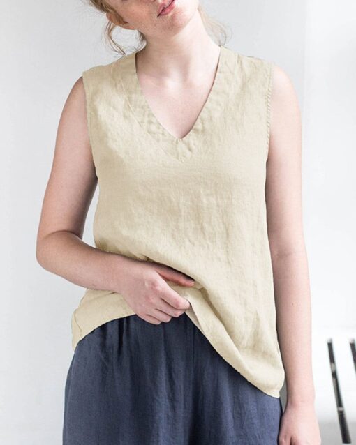 Solid Color V-neck Cotton Linen T-shirt Slim Casual Top - Image 5