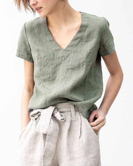 Solid Color V-neck Cotton Linen T-shirt Slim Casual Top