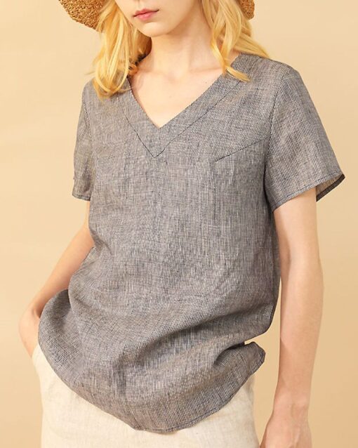 Solid Color V-neck Cotton Linen T-shirt Slim Casual Top - Image 4