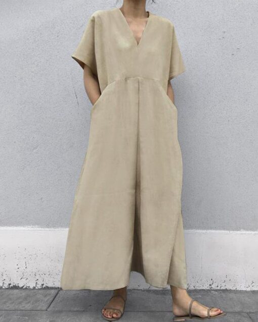 Solid Color V-neck Large Pocket Short-sleeved Linen Maxi Dress - Image 3