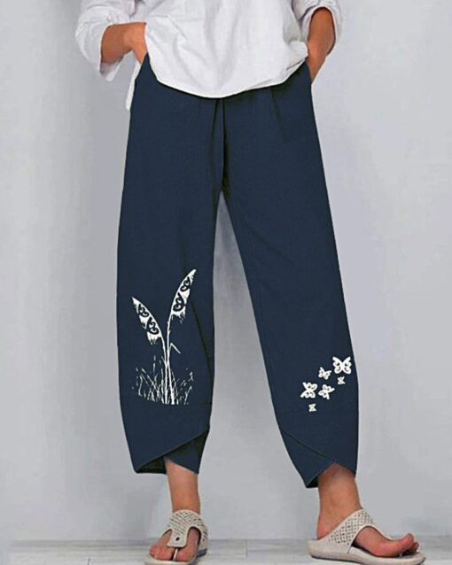 Solid Patchwork Irregular Loose Casual Pants Pocket Elastic Waist Casual Trousers - Image 3