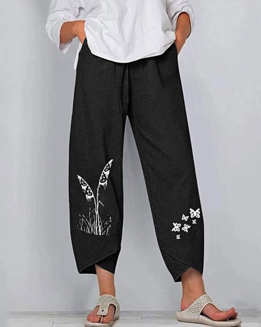 Solid Patchwork Irregular Loose Casual Pants Pocket Elastic Waist Casual Trousers - Image 2