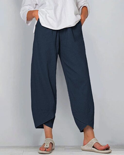 Solid Patchwork Irregular Loose Casual Pants Pocket Elastic Waist Casual Trousers - Image 7