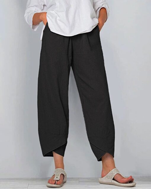 Solid Patchwork Irregular Loose Casual Pants Pocket Elastic Waist Casual Trousers - Image 8