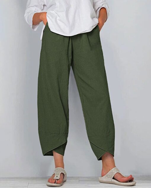 Solid Patchwork Irregular Loose Casual Pants Pocket Elastic Waist Casual Trousers - Image 9