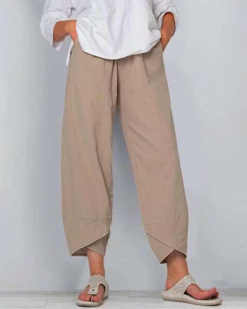 Solid Patchwork Irregular Loose Casual Pants Pocket Elastic Waist Casual Trousers - Image 14