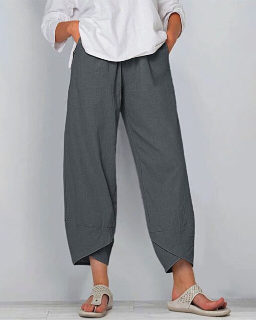 Solid Patchwork Irregular Loose Casual Pants Pocket Elastic Waist Casual Trousers - Image 15