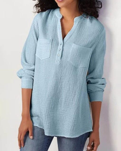 Solid Pocket Button Blouse V Neck Long Sleeve Shirt - Image 6