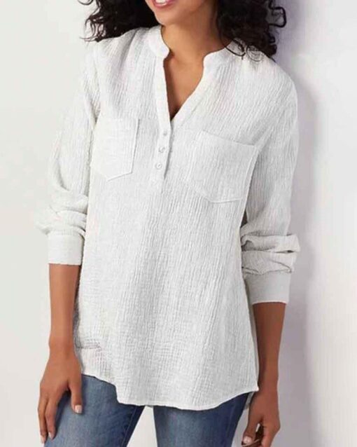 Solid Pocket Button Blouse V Neck Long Sleeve Shirt - Image 3