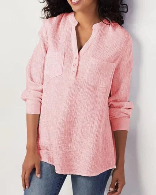 Solid Pocket Button Blouse V Neck Long Sleeve Shirt - Image 2