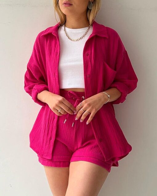 Solid Pocket Patched Drop Shoulder Blouse & Shorts Sets - Image 7