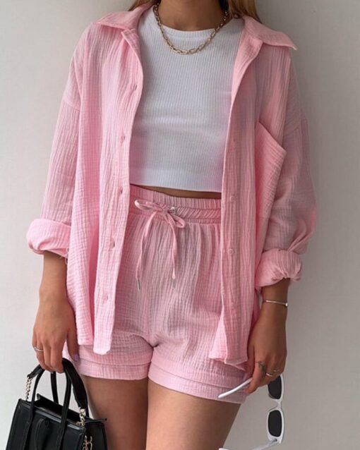 Solid Pocket Patched Drop Shoulder Blouse & Shorts Sets - Image 12