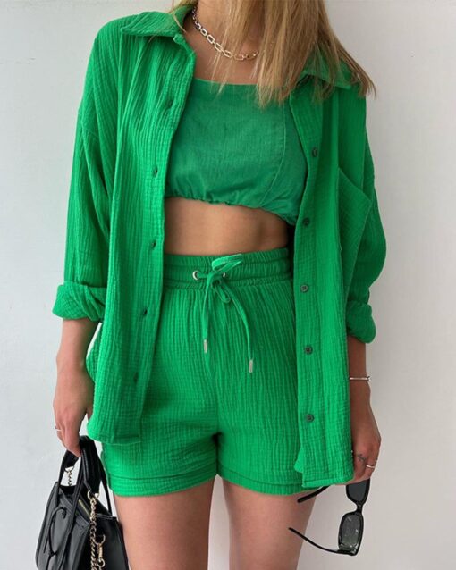 Solid Pocket Patched Drop Shoulder Blouse & Shorts Sets - Image 19