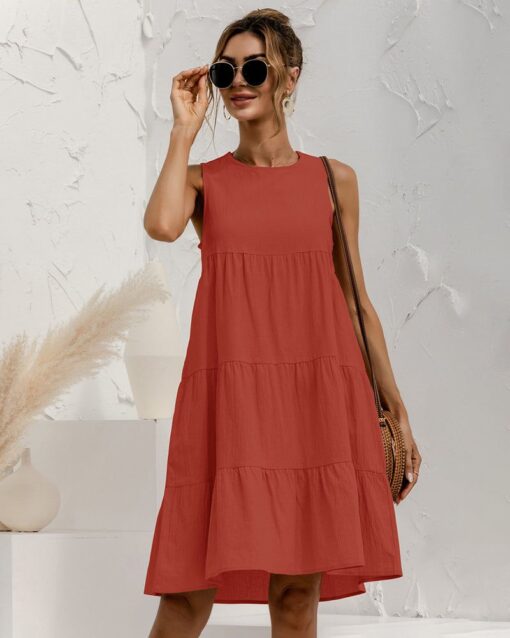 Solid Sleeveless Ruffle Sundress Round Neck A Line Pleated Mini Short T Shirt Dress - Image 4