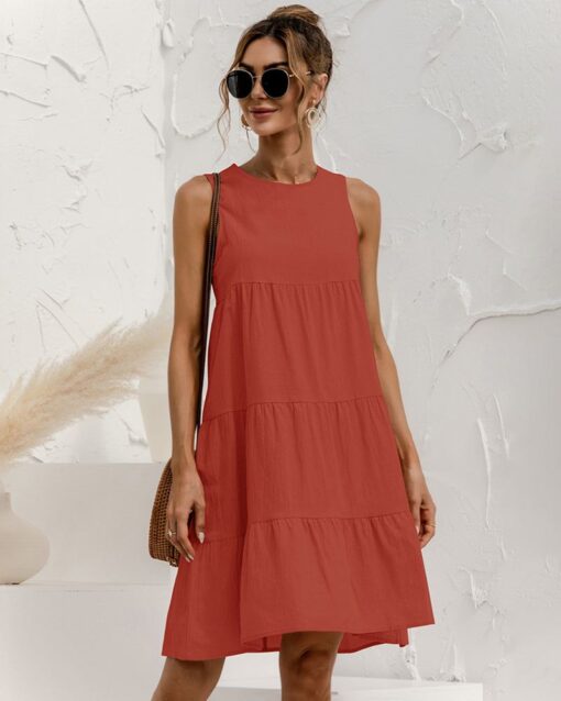 Solid Sleeveless Ruffle Sundress Round Neck A Line Pleated Mini Short T Shirt Dress - Image 6