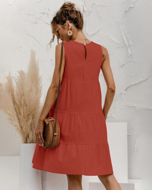 Solid Sleeveless Ruffle Sundress Round Neck A Line Pleated Mini Short T Shirt Dress - Image 5