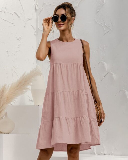 Solid Sleeveless Ruffle Sundress Round Neck A Line Pleated Mini Short T Shirt Dress - Image 2