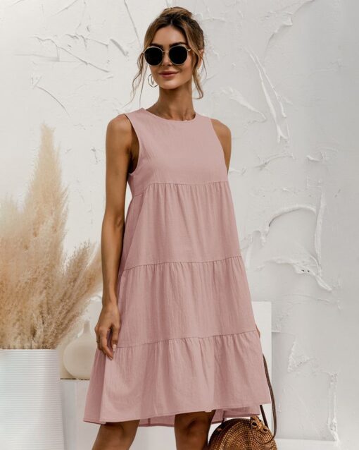 Solid Sleeveless Ruffle Sundress Round Neck A Line Pleated Mini Short T Shirt Dress