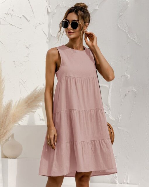 Solid Sleeveless Ruffle Sundress Round Neck A Line Pleated Mini Short T Shirt Dress - Image 3