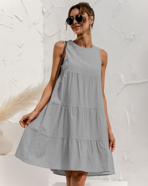 Solid Sleeveless Ruffle Sundress Round Neck A Line Pleated Mini Short T Shirt Dress - Image 8