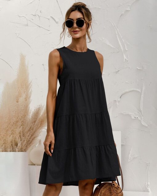 Solid Sleeveless Ruffle Sundress Round Neck A Line Pleated Mini Short T Shirt Dress - Image 13