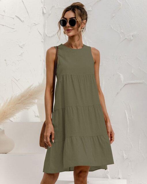 Solid Sleeveless Ruffle Sundress Round Neck A Line Pleated Mini Short T Shirt Dress - Image 18