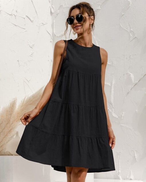 Solid Sleeveless Ruffle Sundress Round Neck A Line Pleated Mini Short T Shirt Dress - Image 14