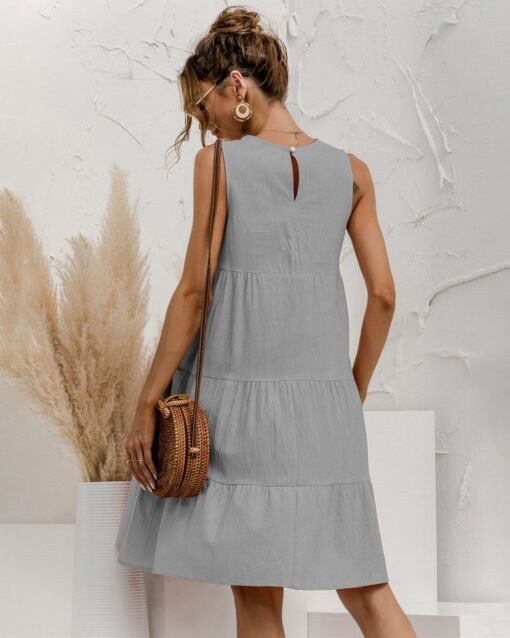 Solid Sleeveless Ruffle Sundress Round Neck A Line Pleated Mini Short T Shirt Dress - Image 12