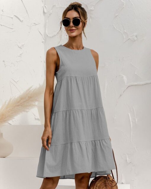 Solid Sleeveless Ruffle Sundress Round Neck A Line Pleated Mini Short T Shirt Dress - Image 11