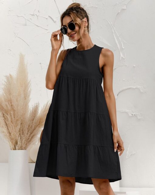 Solid Sleeveless Ruffle Sundress Round Neck A Line Pleated Mini Short T Shirt Dress - Image 15