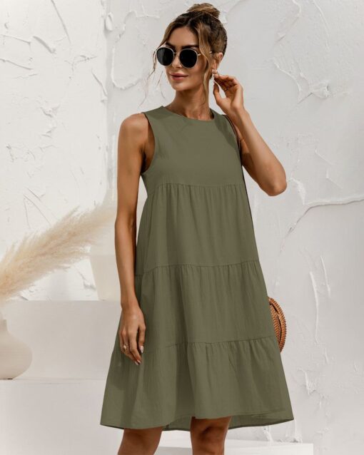 Solid Sleeveless Ruffle Sundress Round Neck A Line Pleated Mini Short T Shirt Dress - Image 16