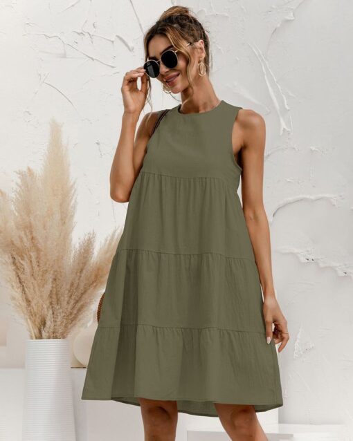 Solid Sleeveless Ruffle Sundress Round Neck A Line Pleated Mini Short T Shirt Dress - Image 17