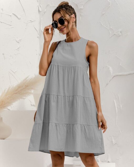 Solid Sleeveless Ruffle Sundress Round Neck A Line Pleated Mini Short T Shirt Dress - Image 10