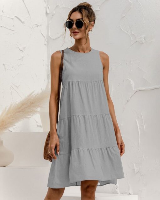 Solid Sleeveless Ruffle Sundress Round Neck A Line Pleated Mini Short T Shirt Dress - Image 9