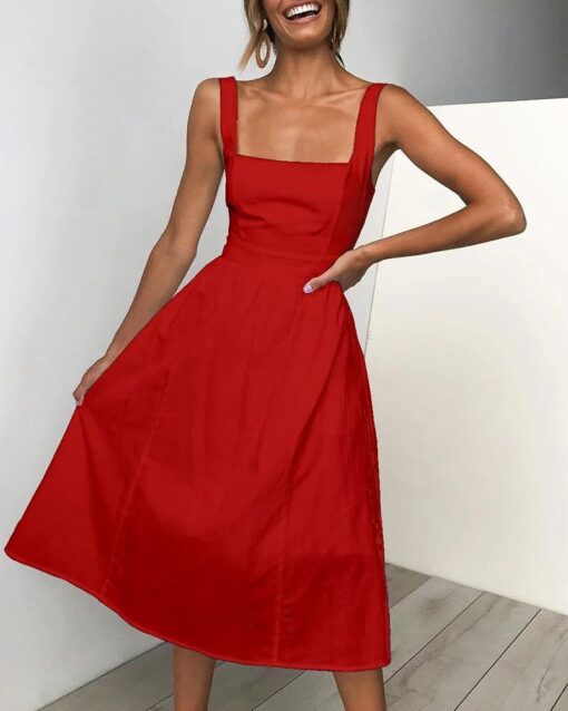 Square Neck Sleeveless Elastic Waist A-line Midi Dress - Image 2