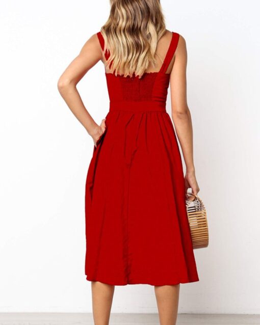 Square Neck Sleeveless Elastic Waist A-line Midi Dress - Image 3