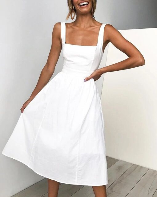 Square Neck Sleeveless Elastic Waist A-line Midi Dress - Image 7